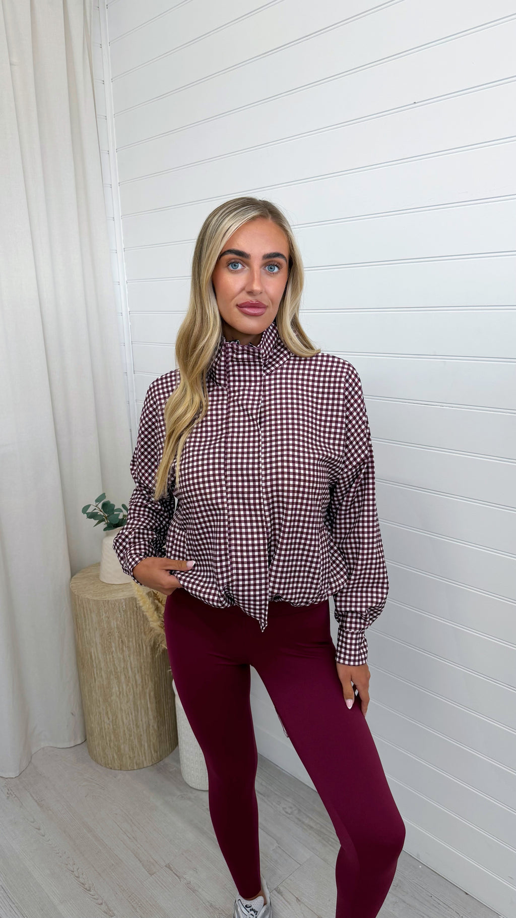 Gingham Toggle Bottom Bomber Jacket - BURGUNDY