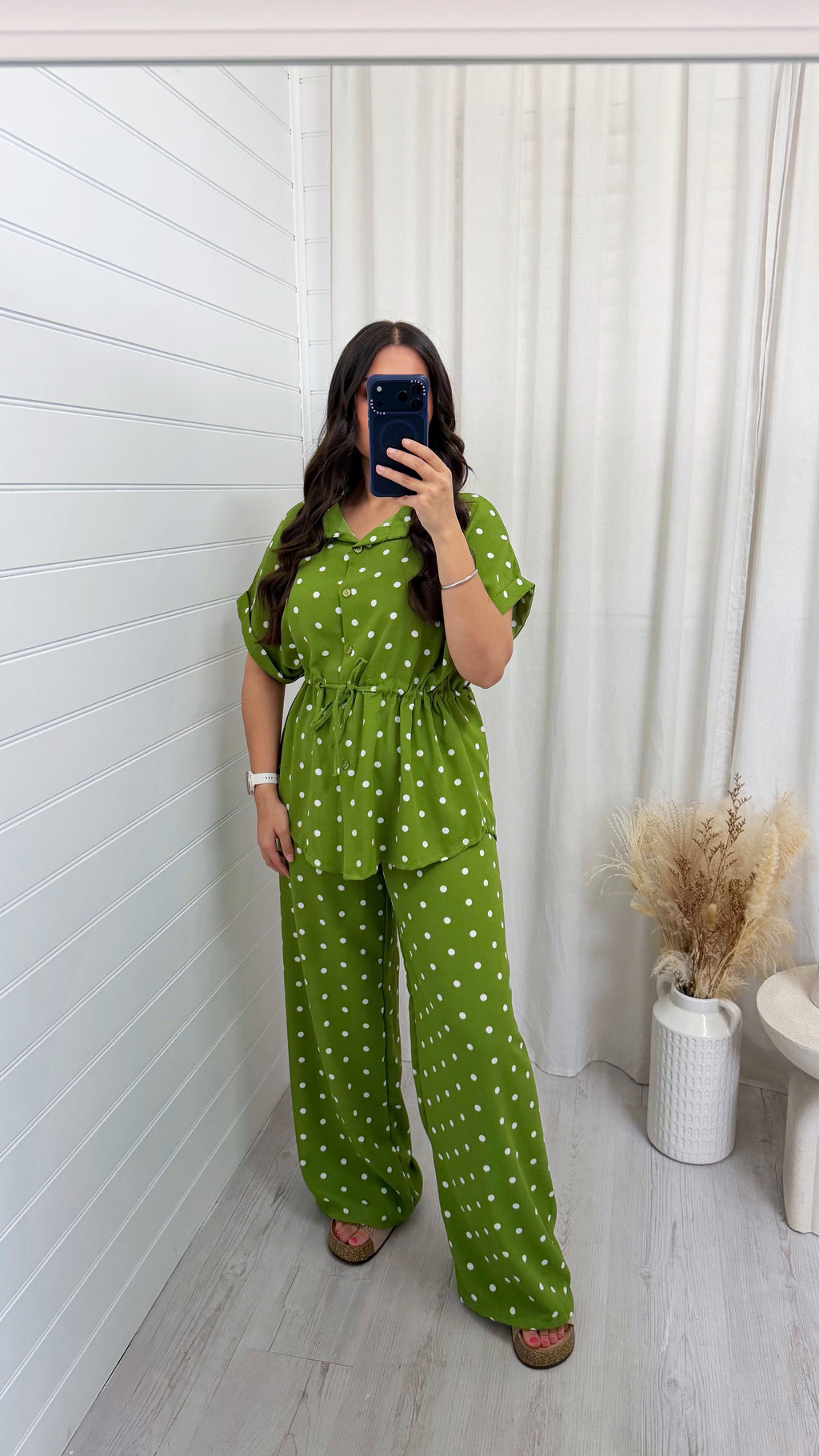 Polka Dot Cinched Shirt and Trousers Co-Ord - OLIVE GREEN