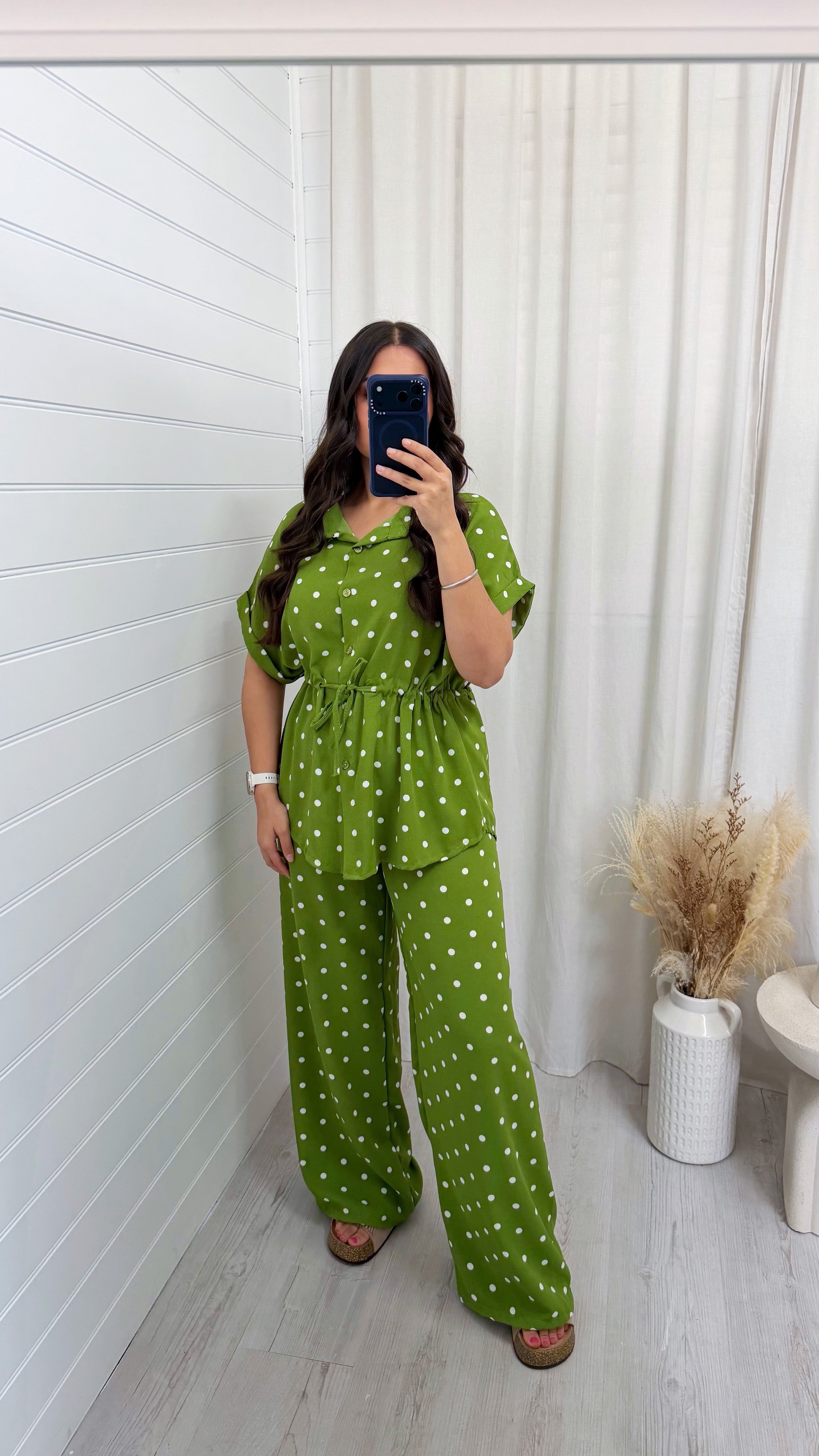 Polka Dot Cinched Shirt and Trousers Co-Ord - OLIVE GREEN