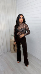 Deer Print Raw Seam Mesh Top - BROWN
