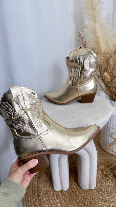 Embroidered Pattern Cowboy Ankle Boots - GOLD