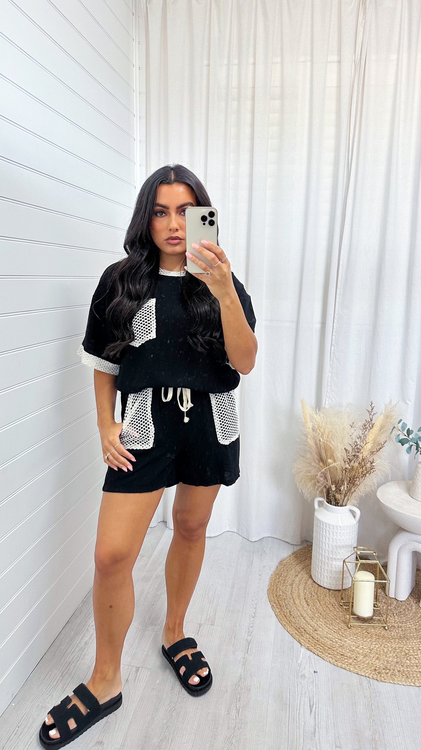 Crochet Pocket T-Shirt and Shorts Co-Ord - BLACK