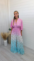 Leaf Print Ombre Bell Bottom Jumpsuit - BLUE/PINK