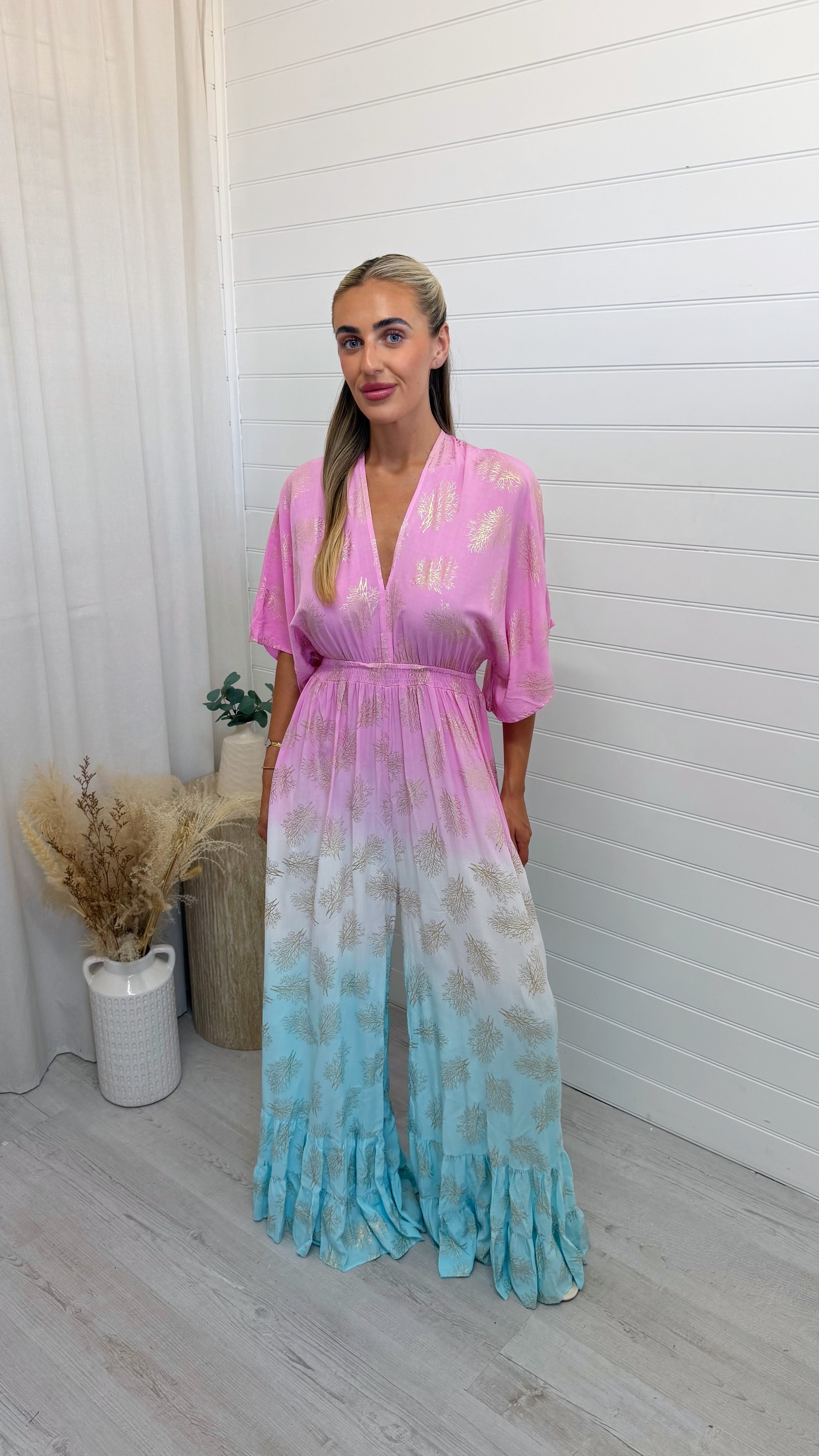 Leaf Print Ombre Bell Bottom Jumpsuit - BLUE/PINK