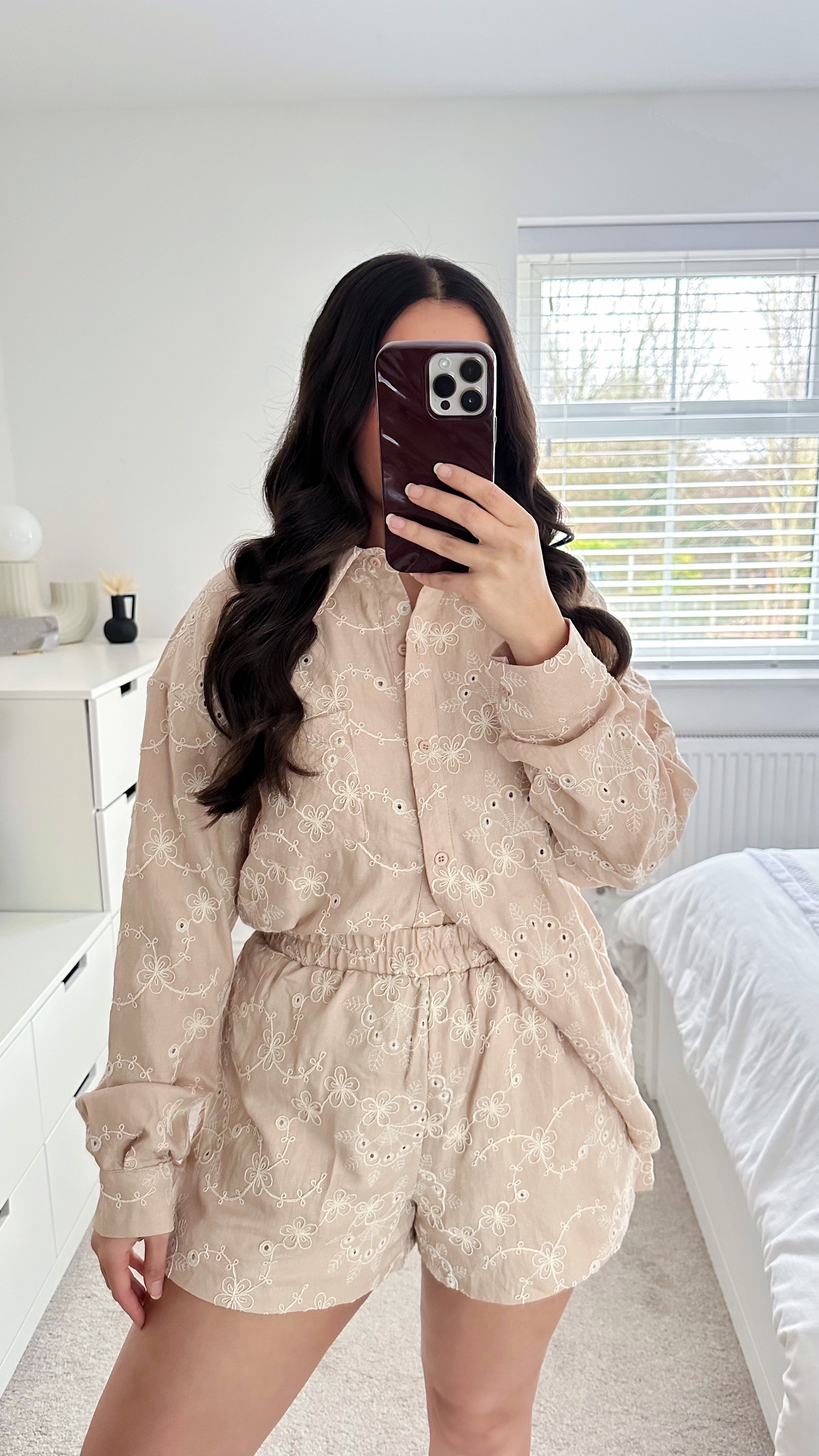 Embroidered Flower Pattern Shirt and Shorts Co-Ord - BEIGE