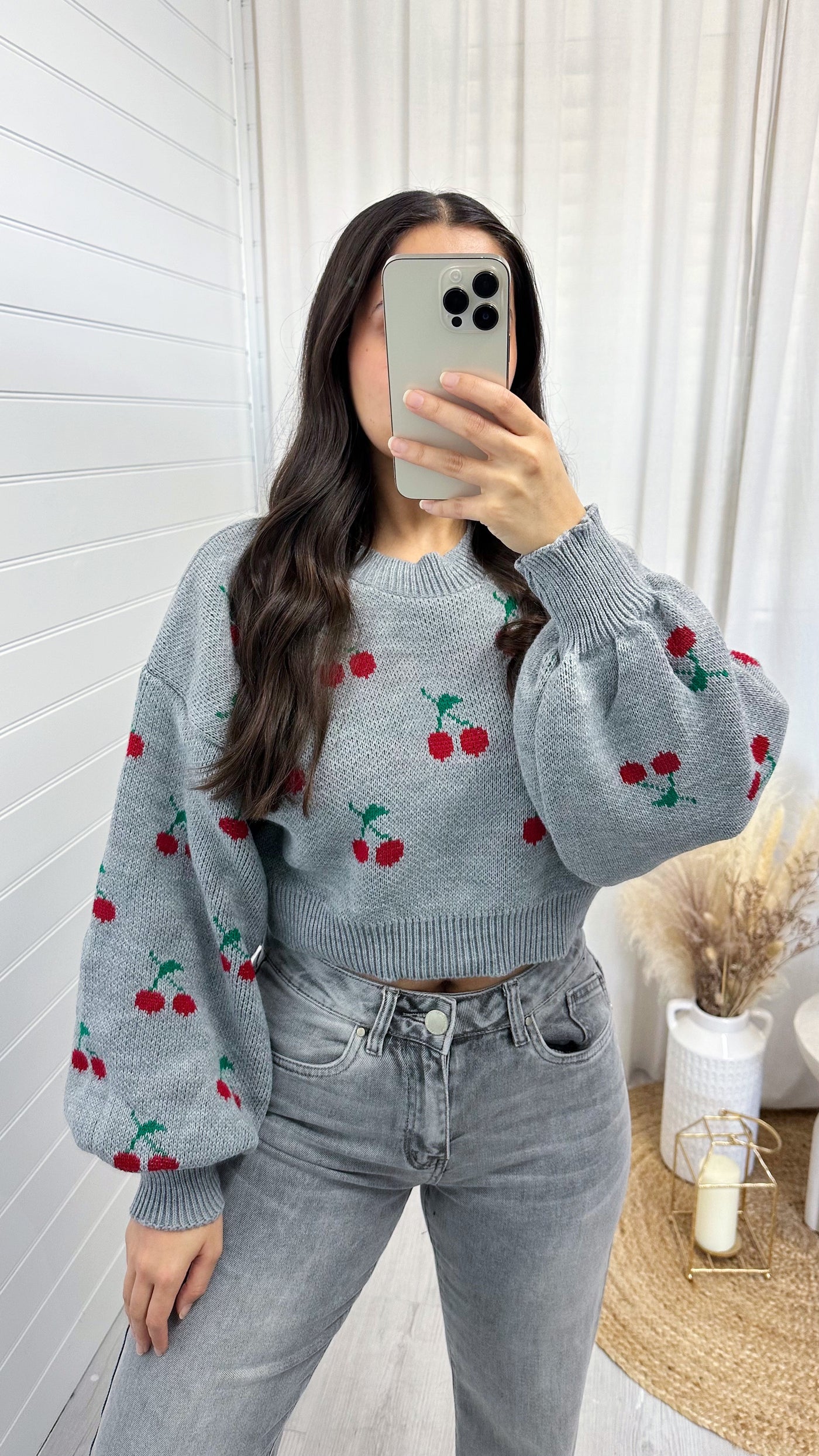 Cropped Knit Cherries Jumper - GREY