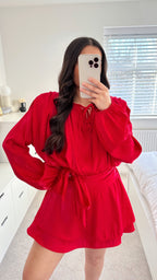 Chiffon Shoulder Padded Dress - RED