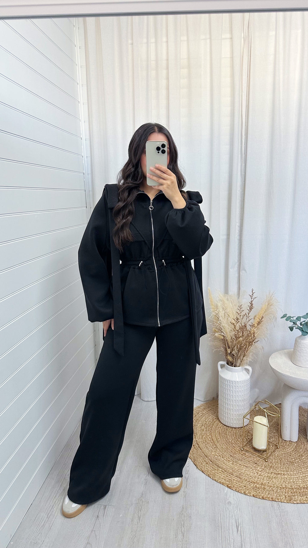 Bow Shoulder Cinched Jacket and Straight Leg Joggers Tracksuit - BLACK