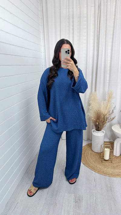 Loose Fit Cheesecloth Long Sleeve Top and Trousers Co-Ord - DENIM BLUE