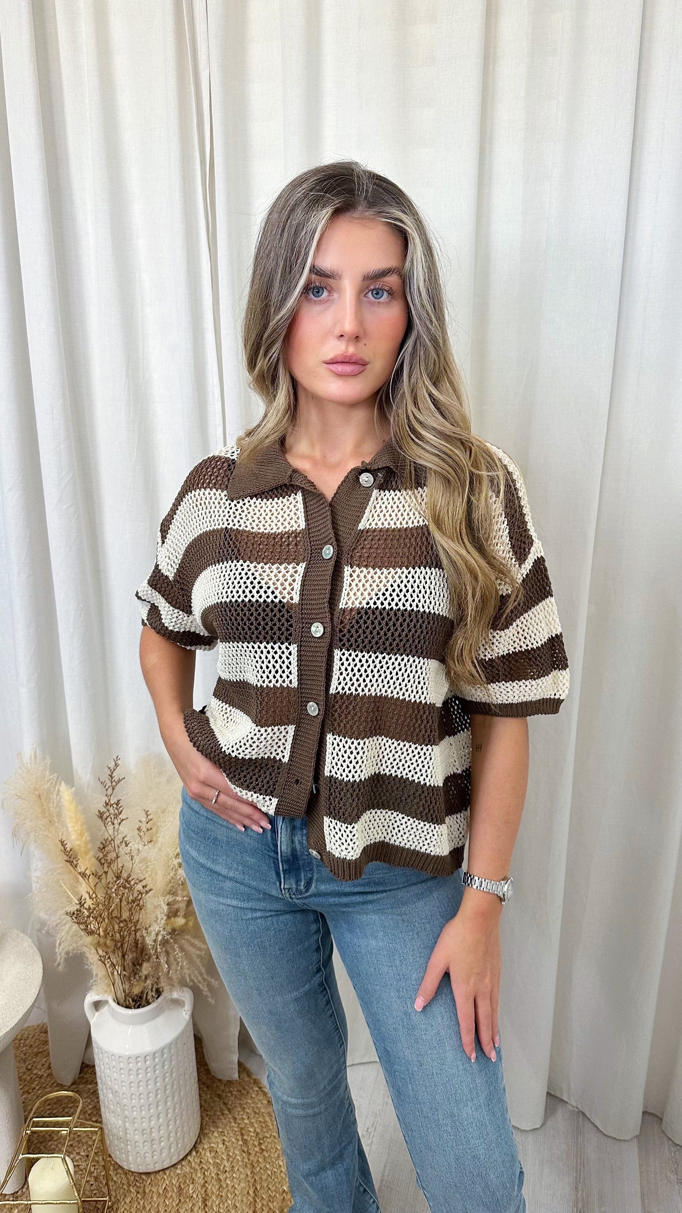 Stripey Knitted Crop Cardigan - BROWN