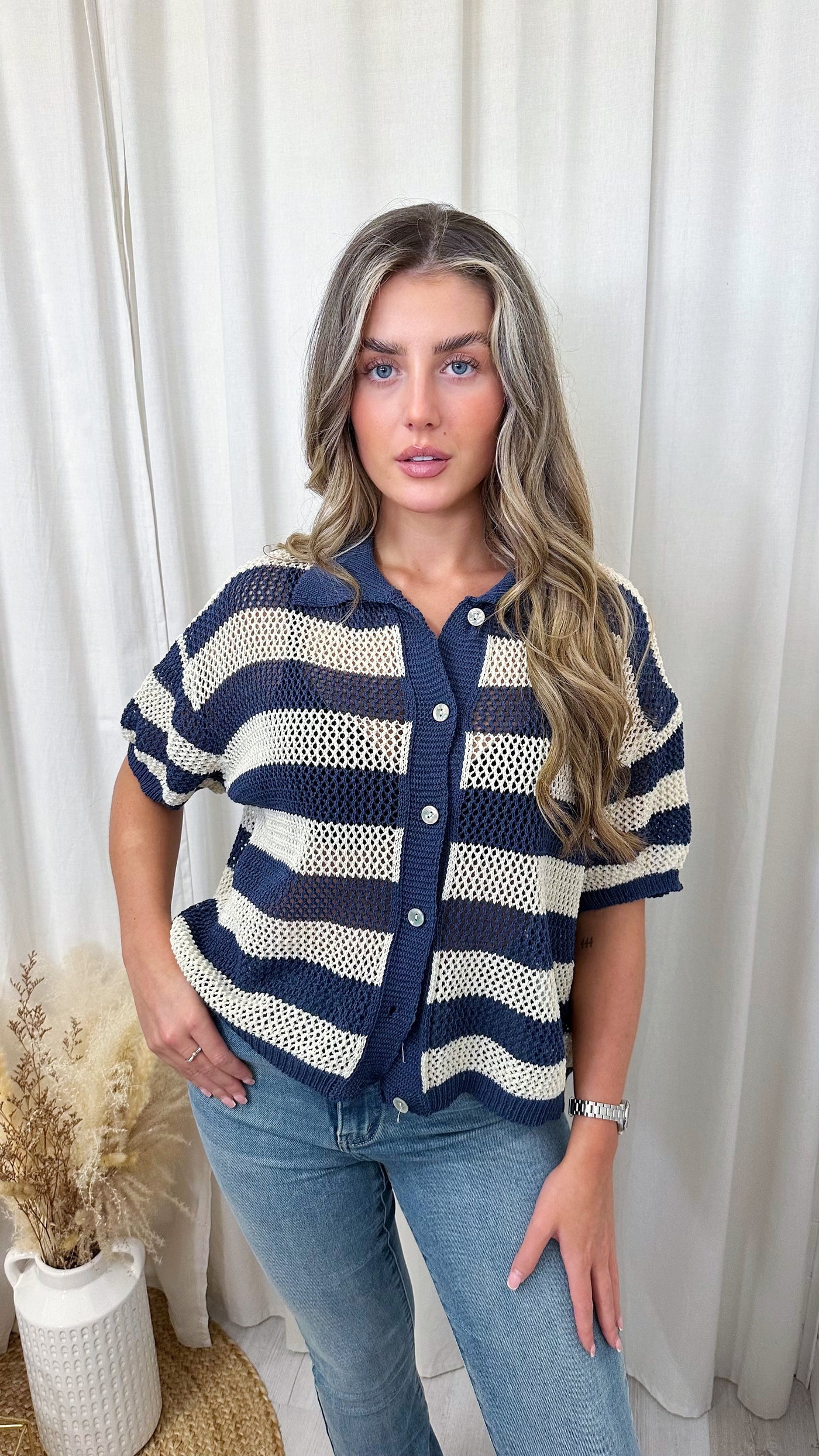 Stripey Knitted Crop Cardigan - NAVY