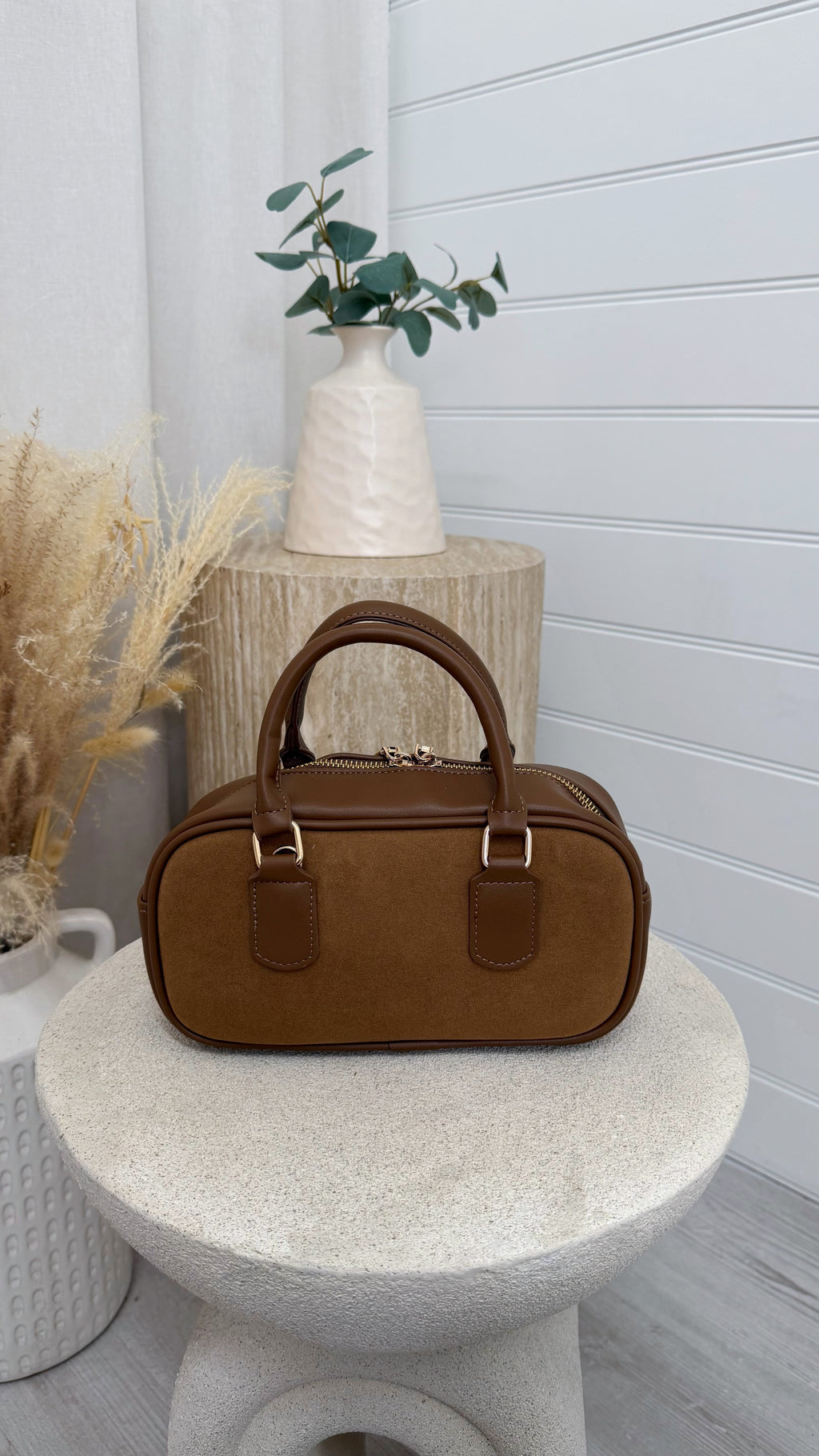 Suede Oval Top Handle Bag - TAN