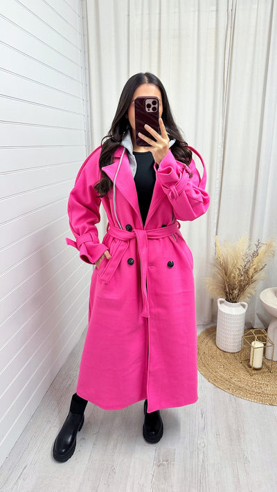 Belted Straight Fit Woollen Insert Mac - PINK