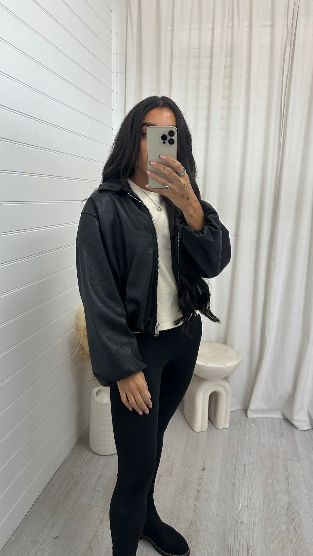 Faux Leather Bomber Jacket - BLACK