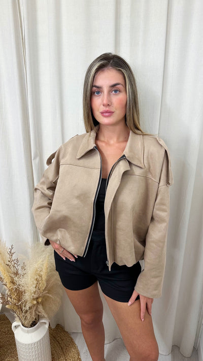 Suede Relaxed Fit Bomber Jacket - BEIGE