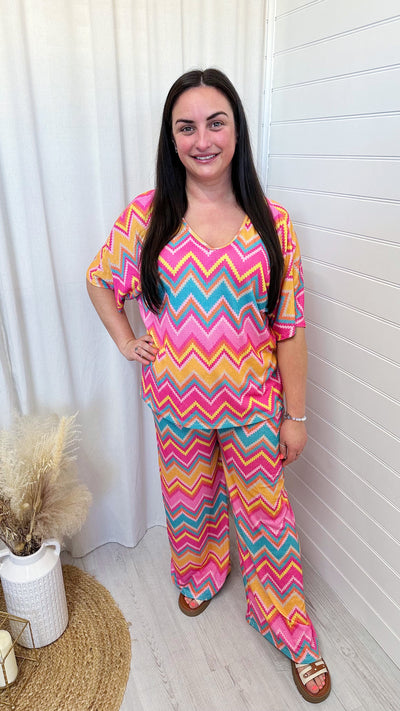 PLUS Zig Zag Batwing Top and Trousers Co-Ord - PINK