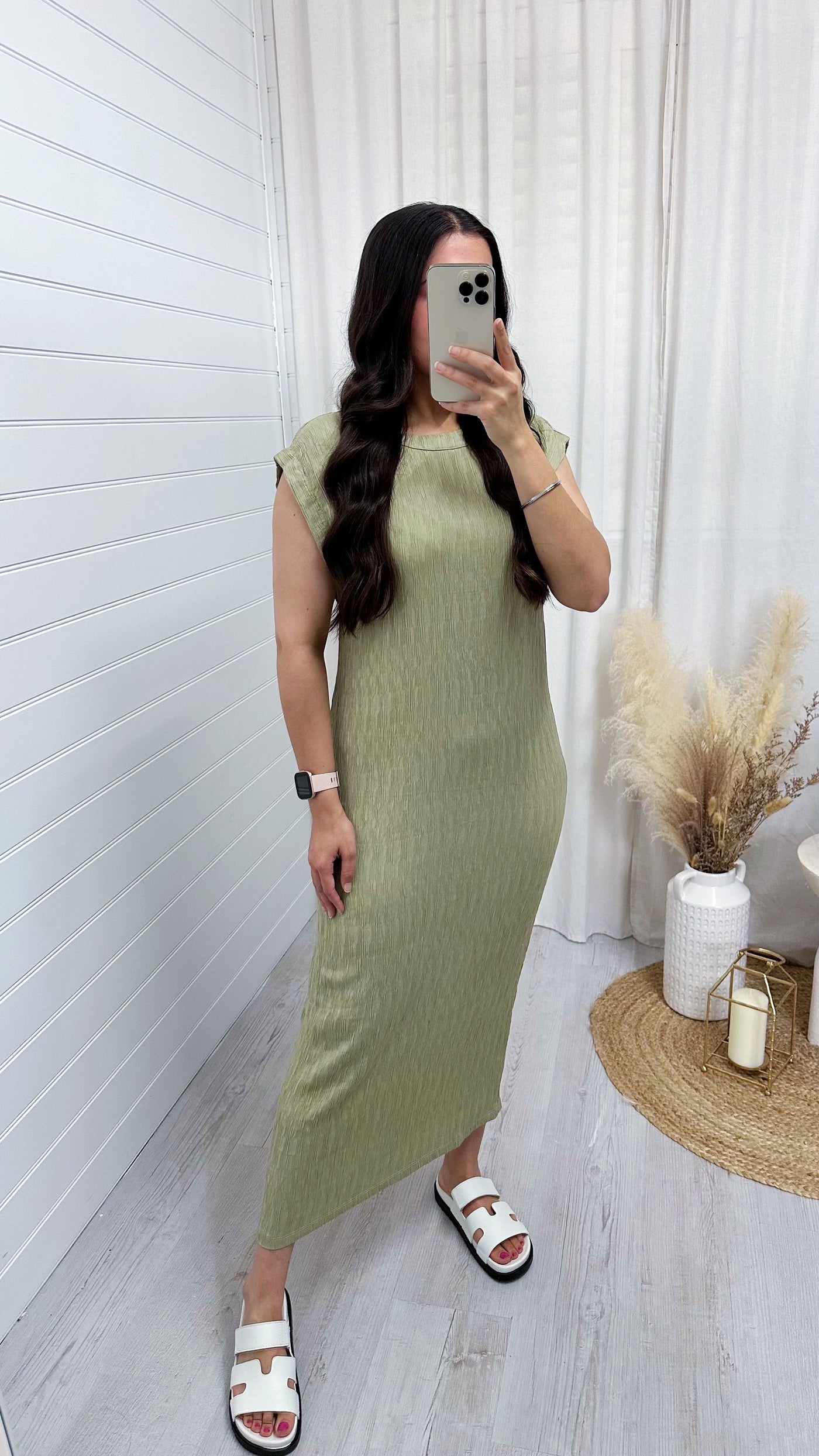 Plain Crinkle Midi Dress - SAGE