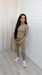 Piped Jacket and Leggings Activewear Set - BEIGE