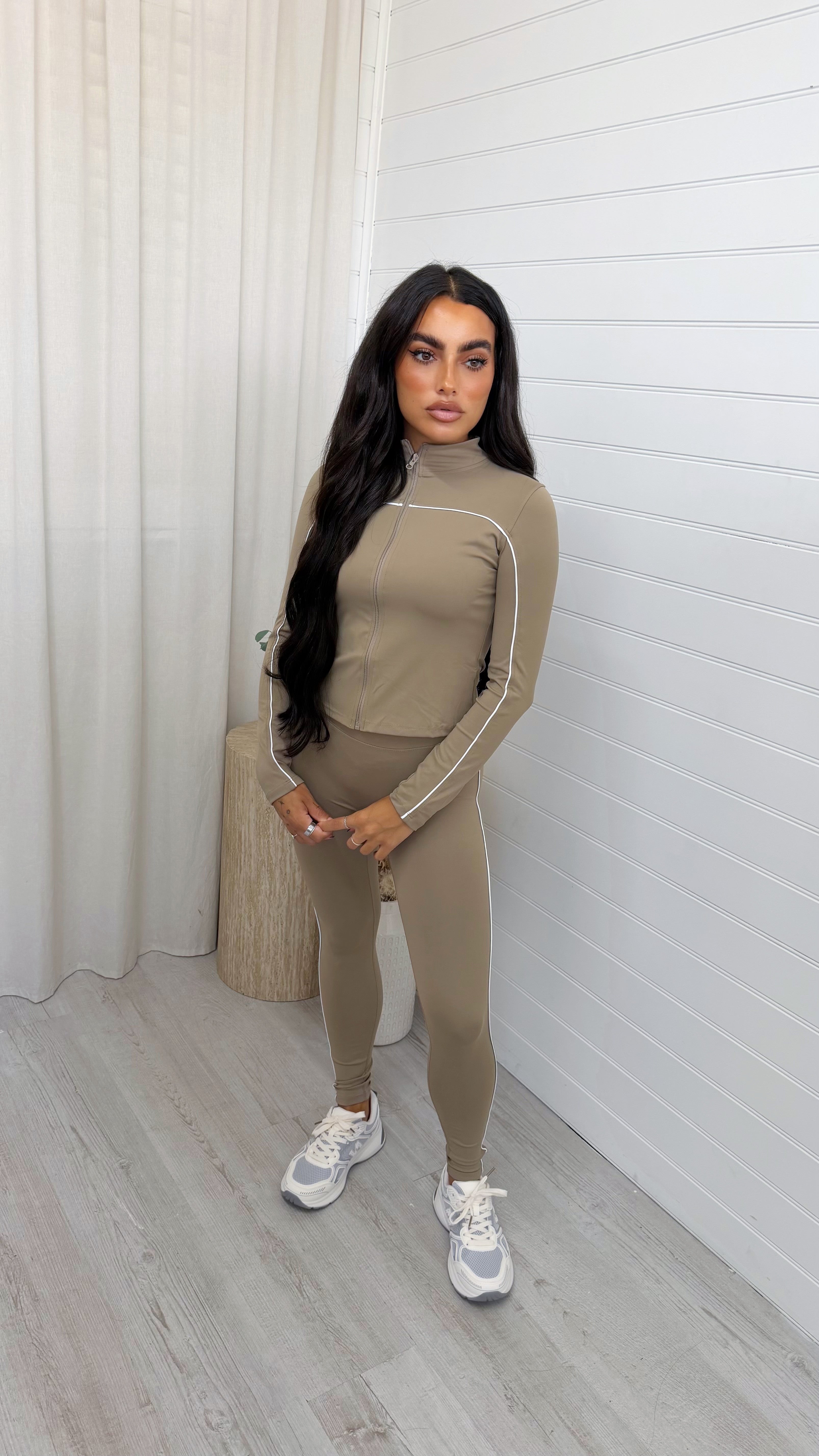 Piped Jacket and Leggings Activewear Set - BEIGE