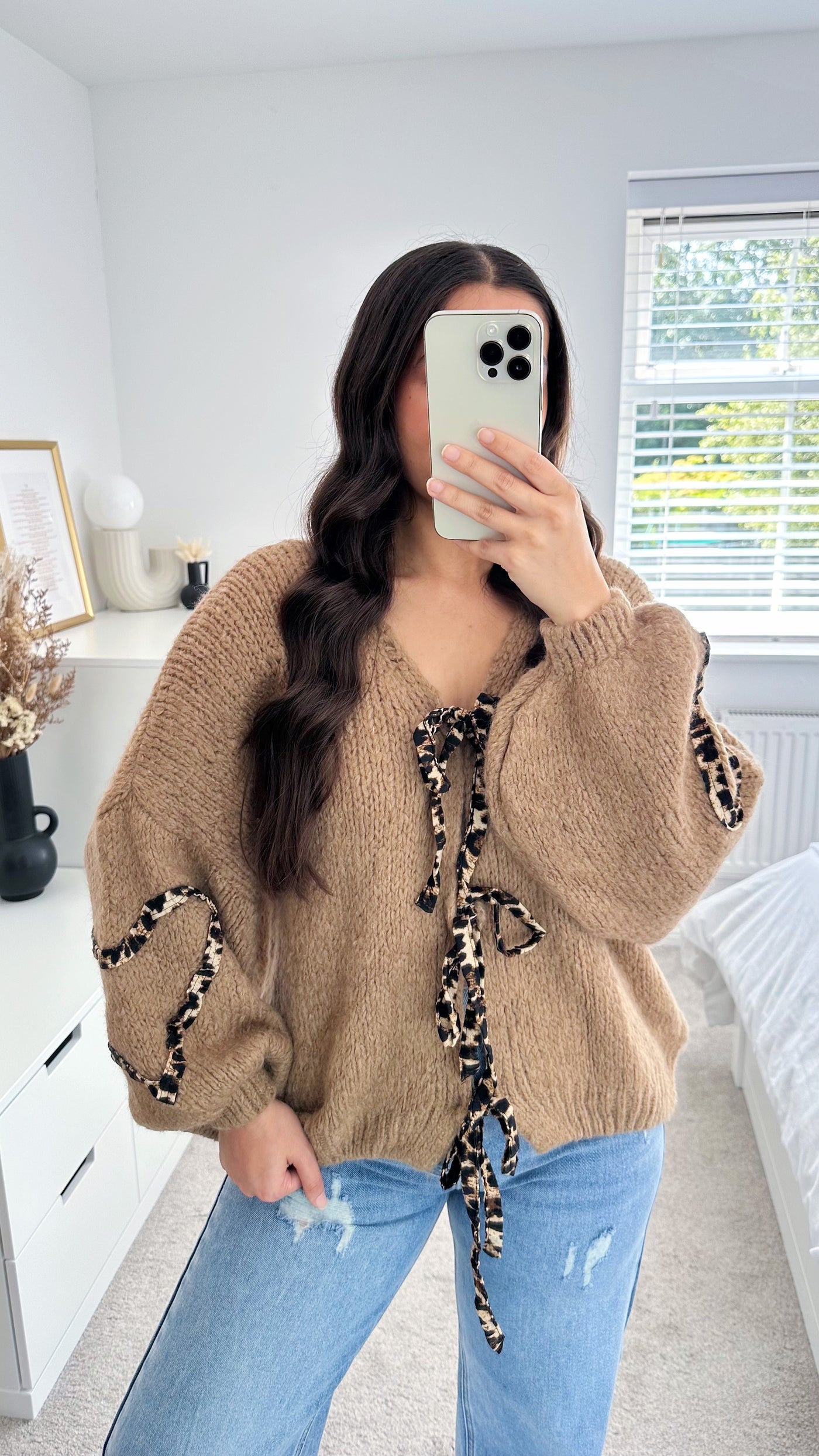 Leopard Bow Tie Cardigan - TAN