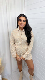 Embroidered Flower Pattern Shirt and Shorts Co-Ord - BEIGE