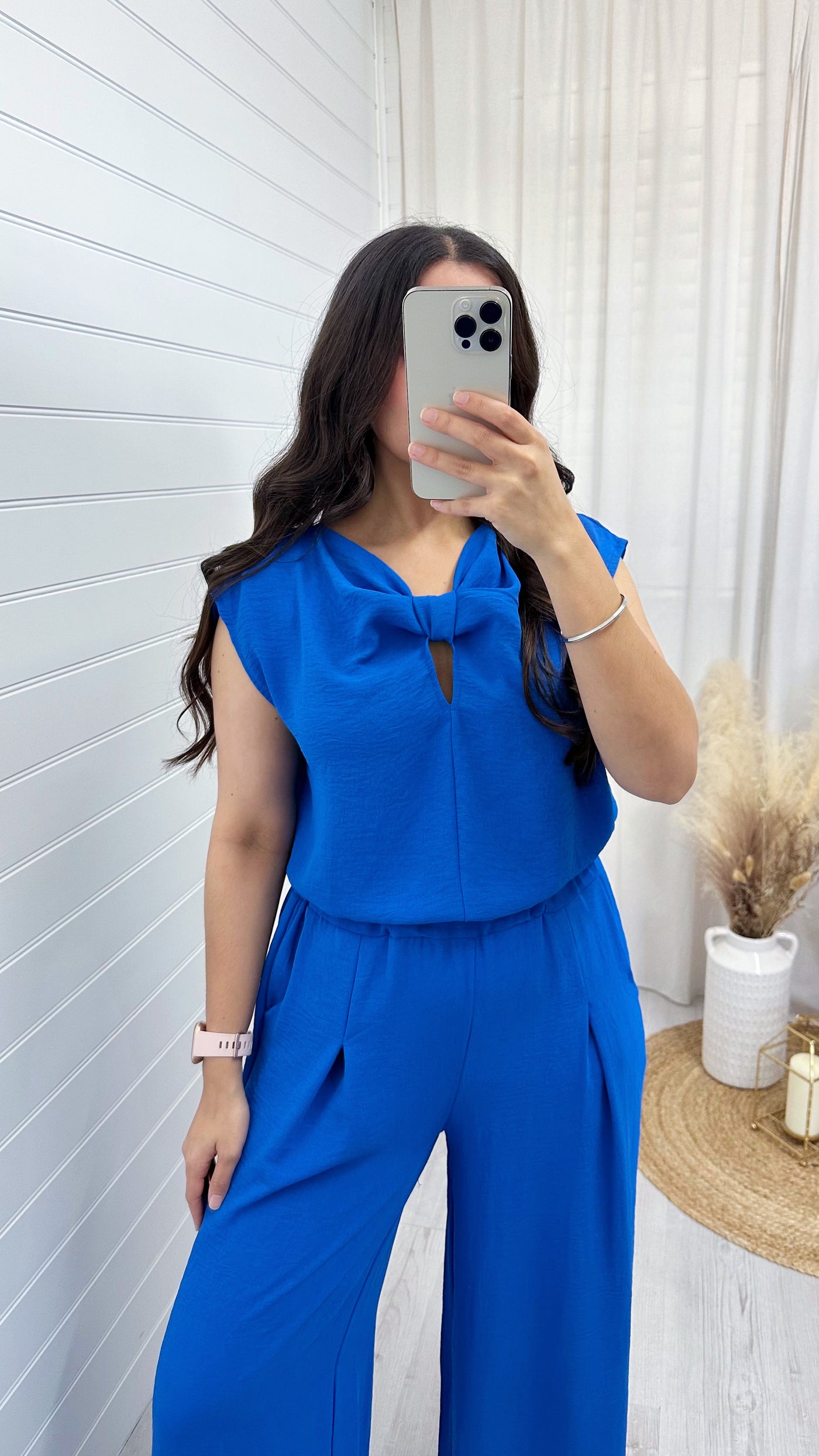 Sleeveless Bow Top and Wide Leg Trousers Co-Ord - BLUE