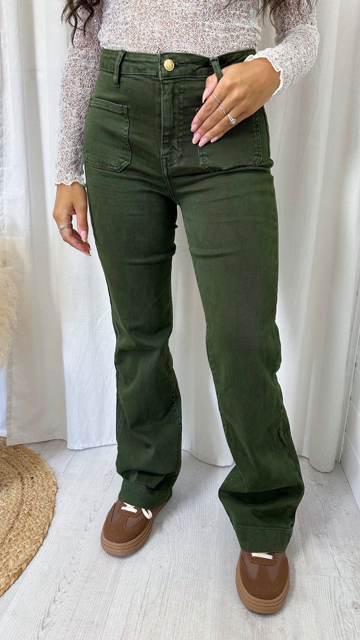 Front Pocket Boot Cut High Waisted Jeans - KHAKI