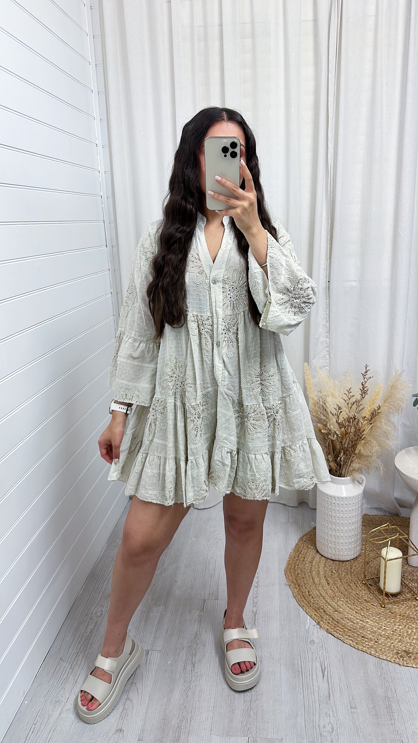 Textured Sequin Smock Dress - BEIGE