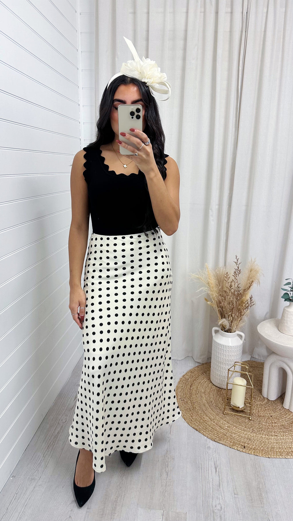 Polka Dot Satin Midi Skirt - CREAM