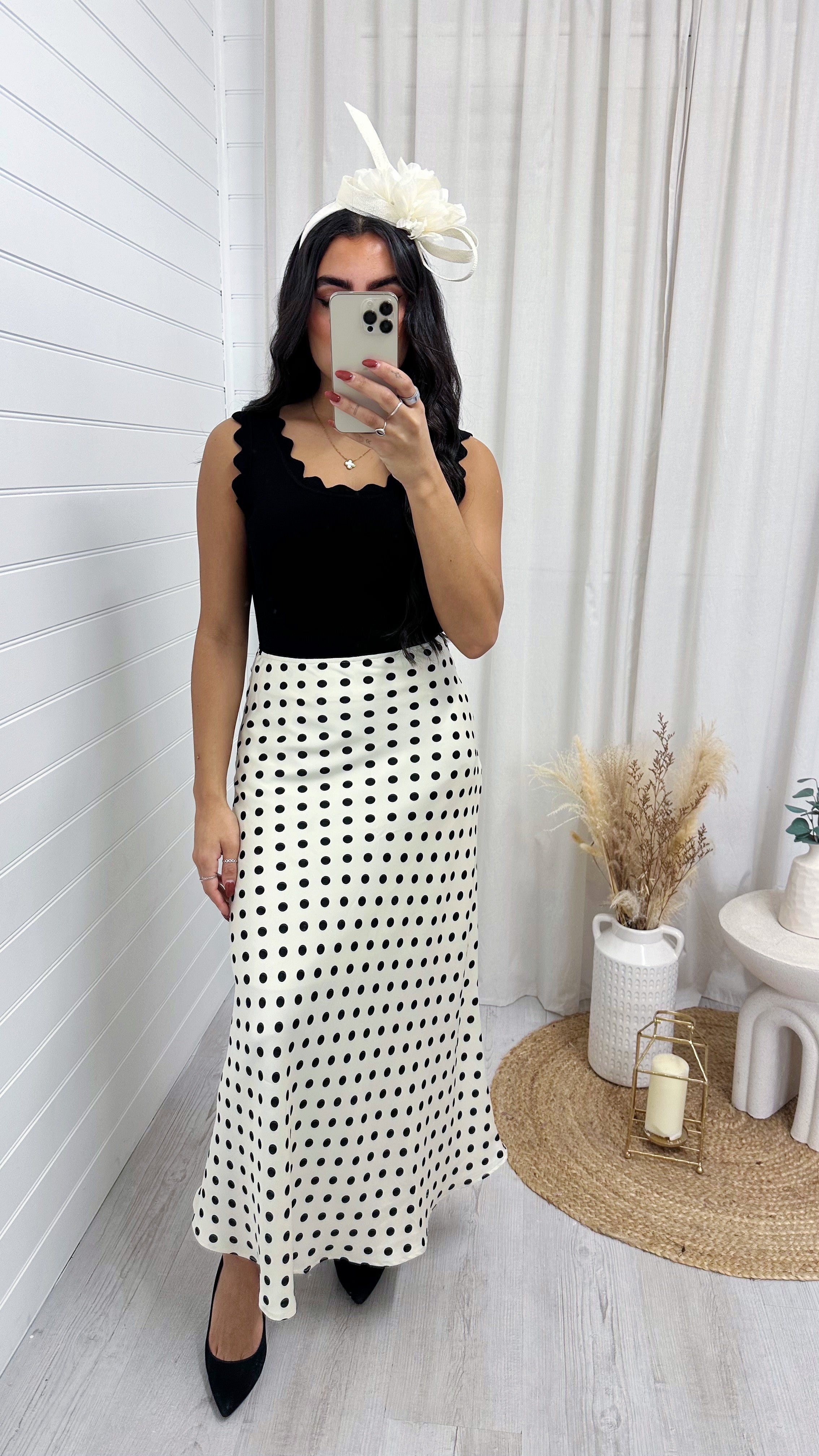 Polka Dot Satin Midi Skirt - CREAM