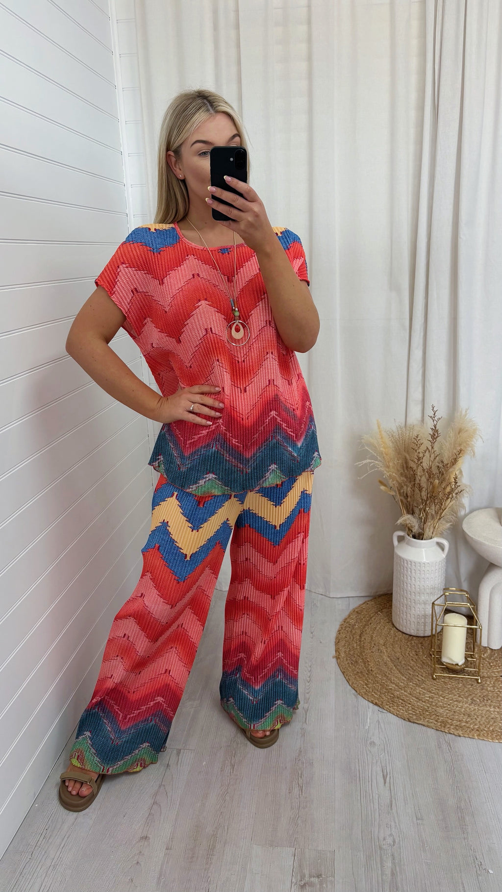 Zig Zag Pleated Top and Trousers Co-Ord - ORANGE