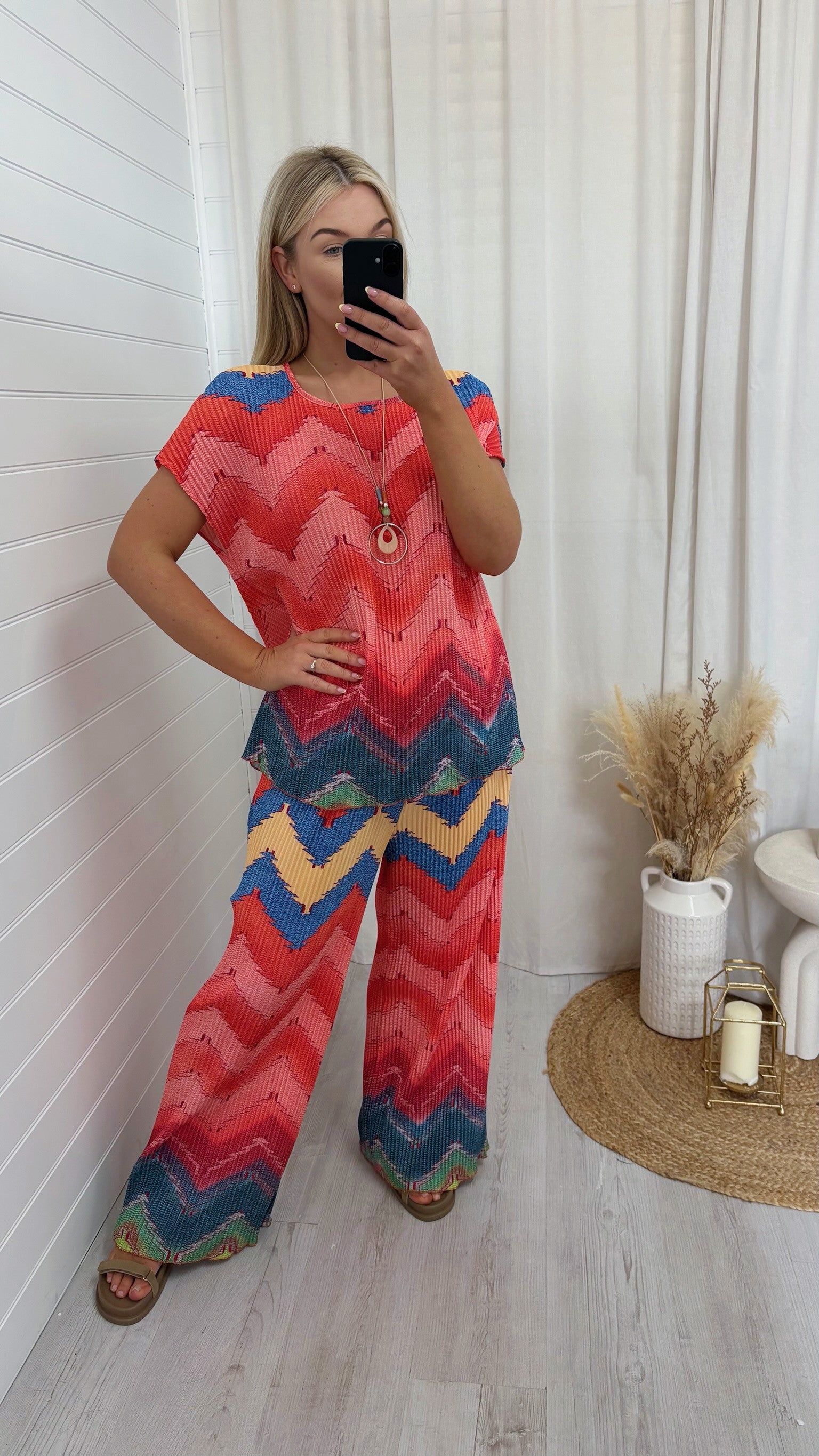 Zig Zag Pleated Top and Trousers Co-Ord - ORANGE