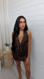 Cowl Neck Sequin Top and Skirt Set - BROWN