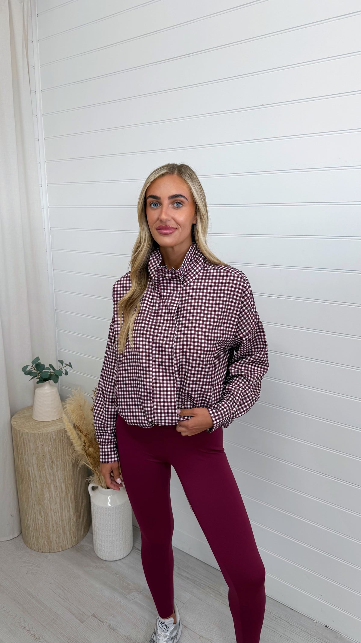 Gingham Toggle Bottom Bomber Jacket - BURGUNDY