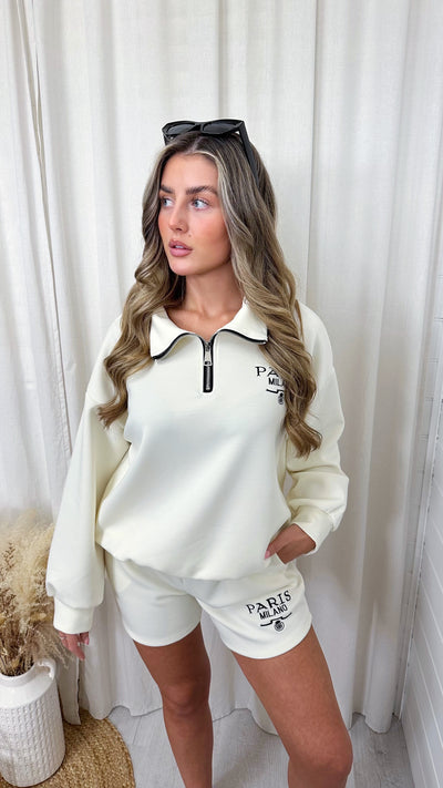 Paris Milano Embroidered Half Zip Sweatshirt and Shorts Co-Ord - CREAM