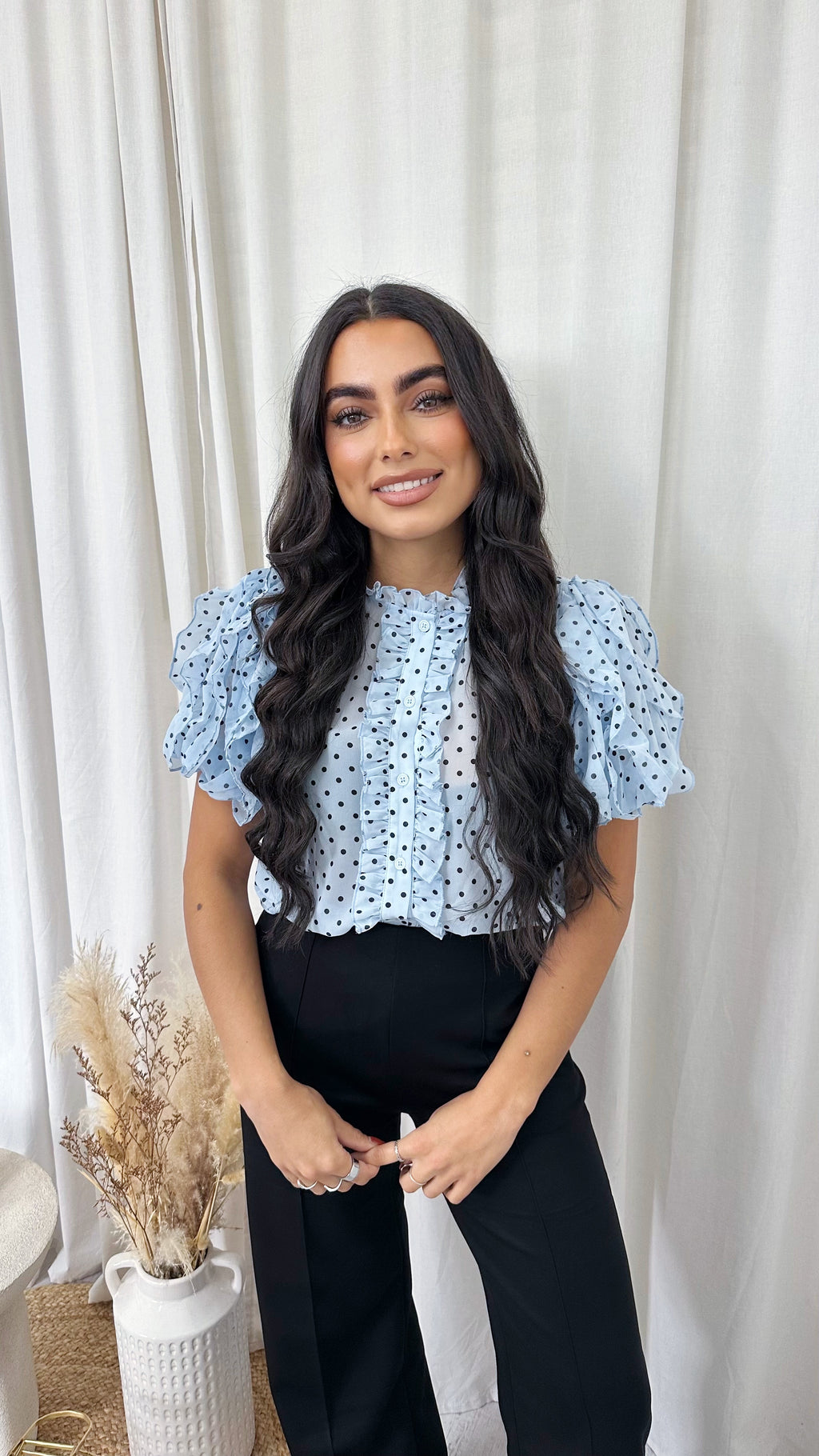 Frilly Sheer Polka Blouse - BLUE