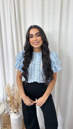Frilly Sheer Polka Blouse - BLUE
