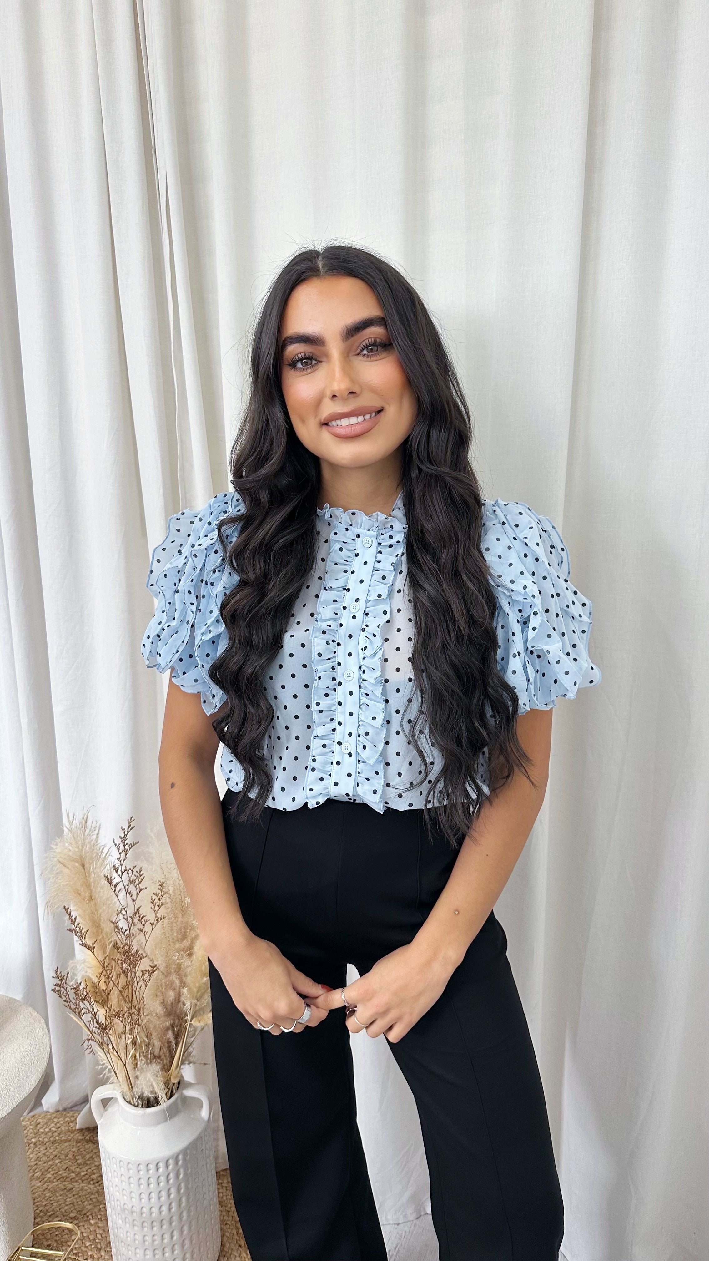 Frilly Sheer Polka Blouse - BLUE