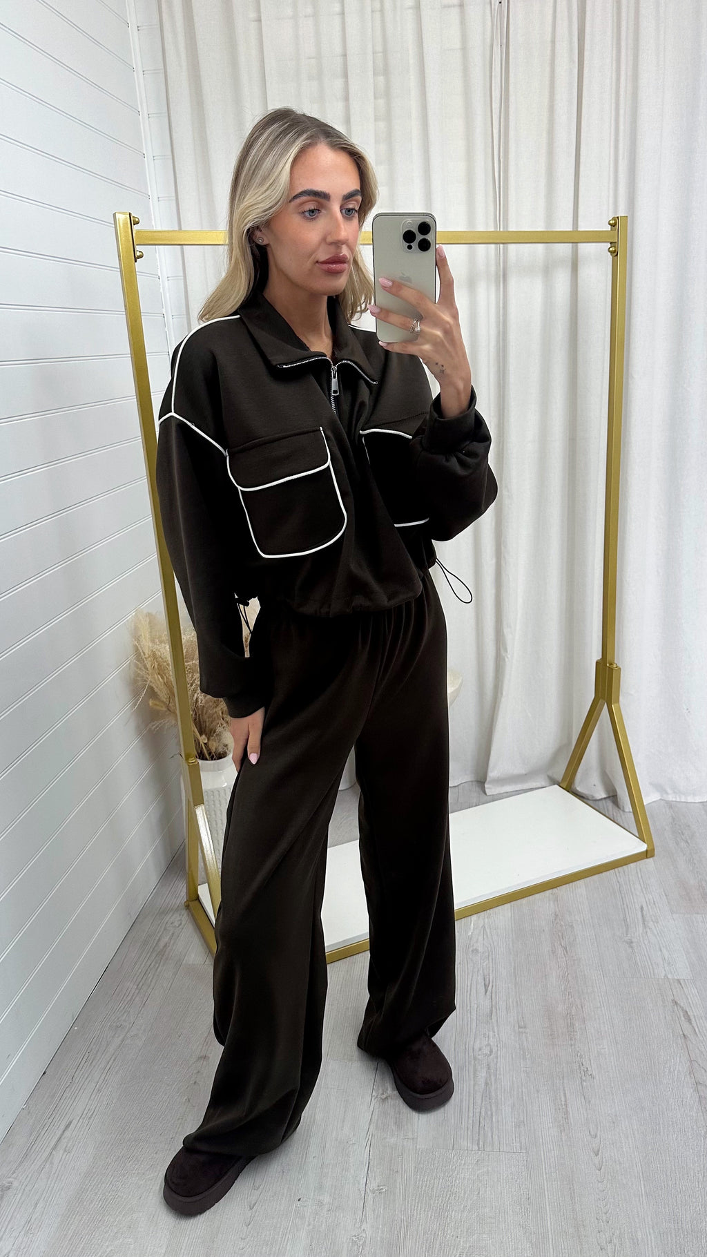 Contrast Piped Quarter Zip Sweatshirt and Joggers Co-Ord - BROWN