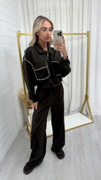 Contrast Piped Quarter Zip Sweatshirt and Joggers Co-Ord - BROWN