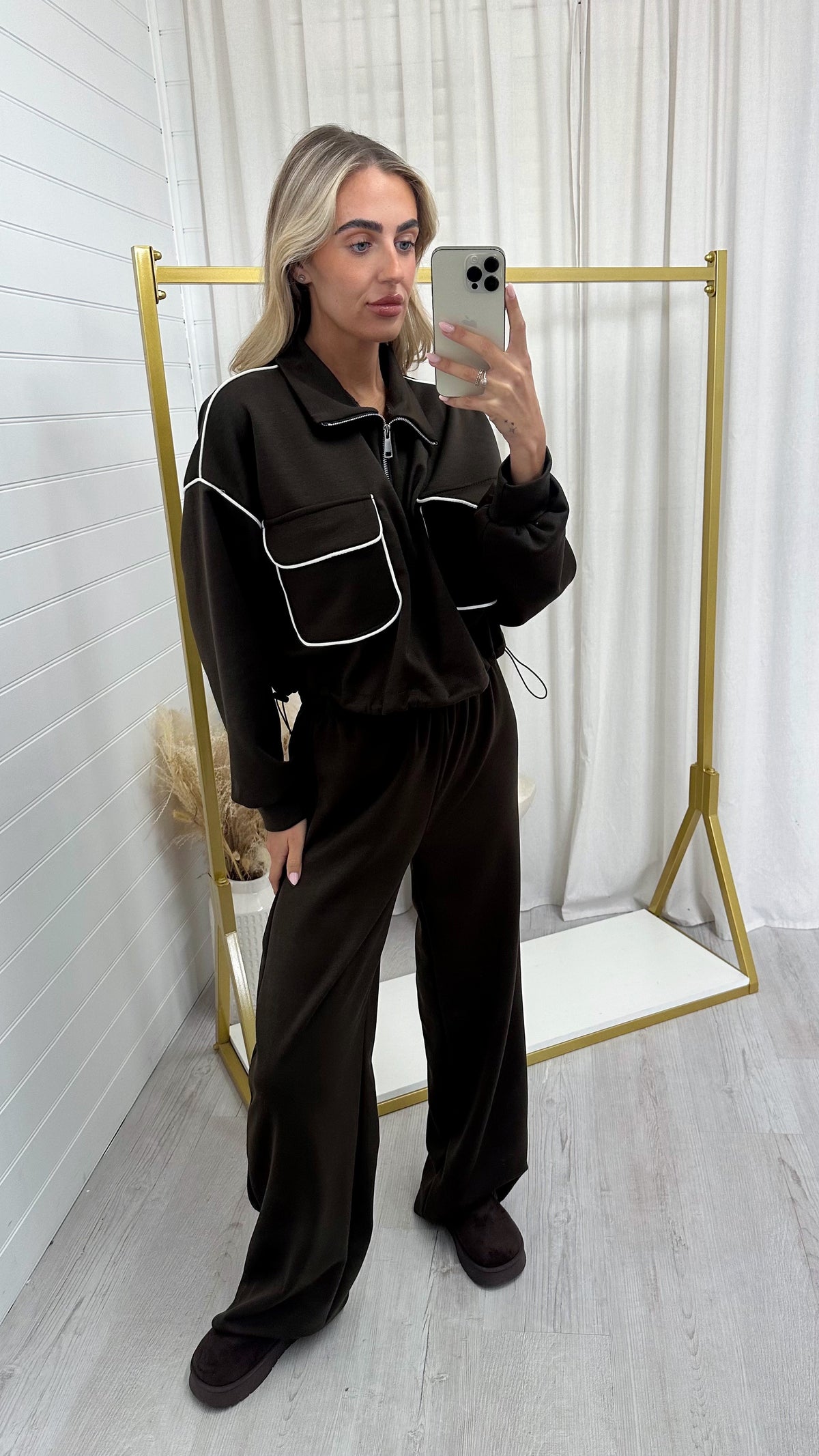 Contrast Piped Quarter Zip Sweatshirt and Joggers Co-Ord - BROWN