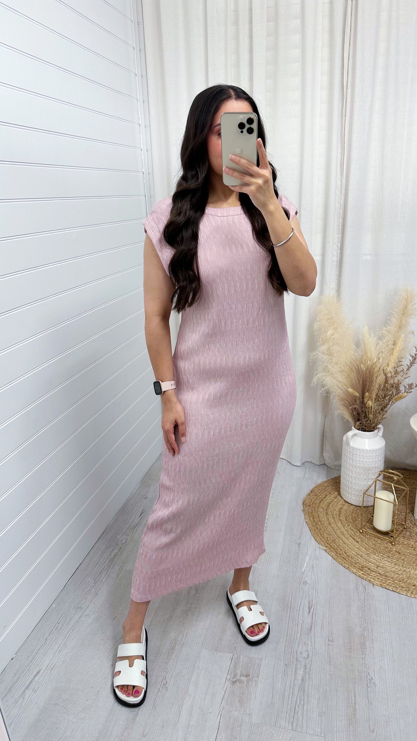 Plain Crinkle Midi Dress - DUSTY PINK