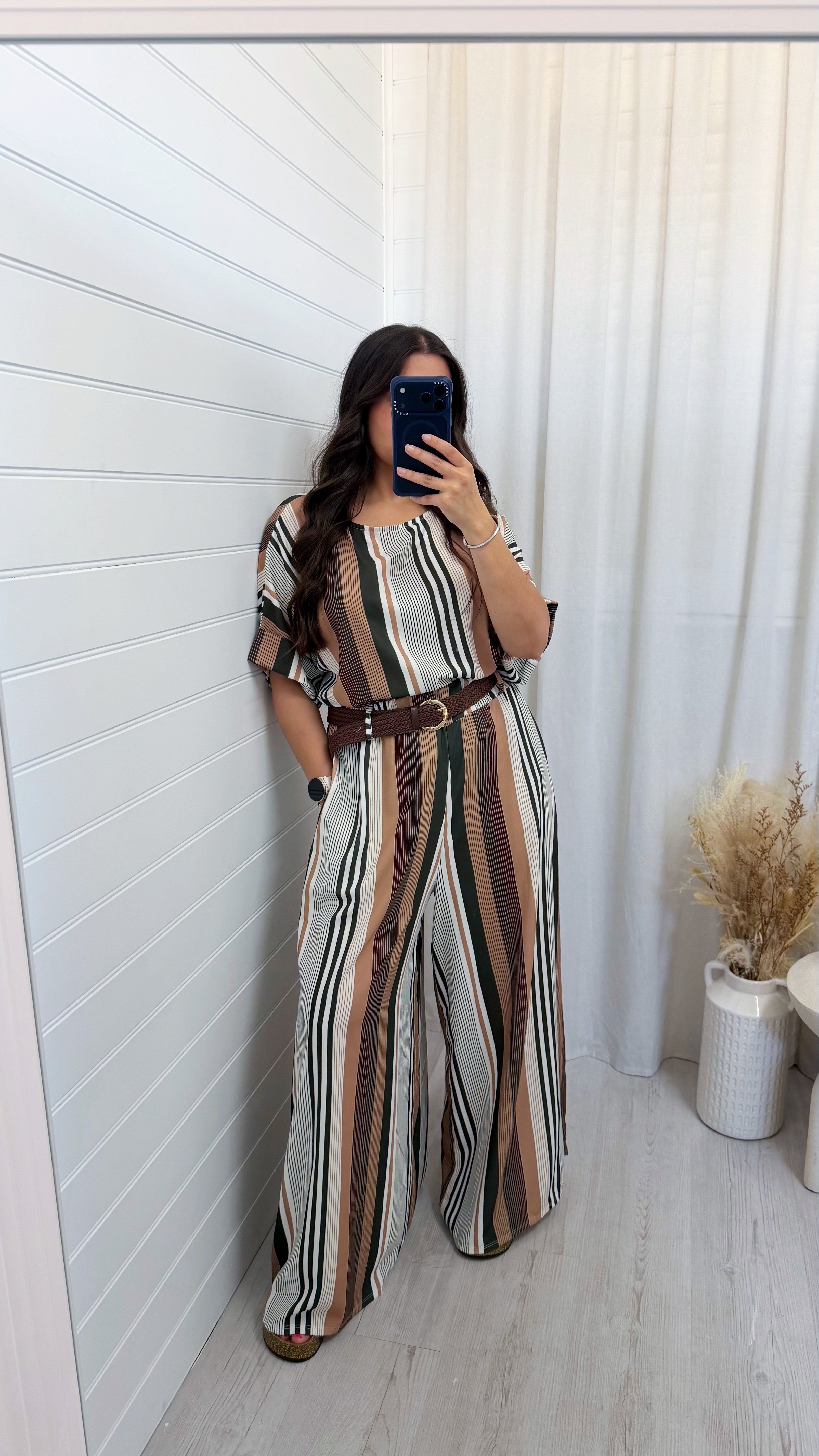 Pinstripe Top and Wide Leg Belted Trousers Co-Ord - KHAKI