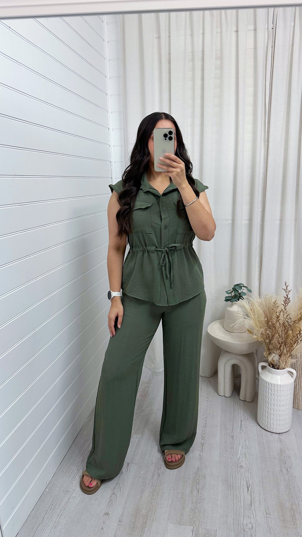 Sleeveless Cinch Shirt and Trousers Co-Ord - KHAKI