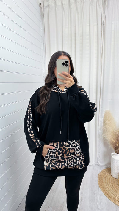 Oversized Leopard Contrast Hoodie - BLACK