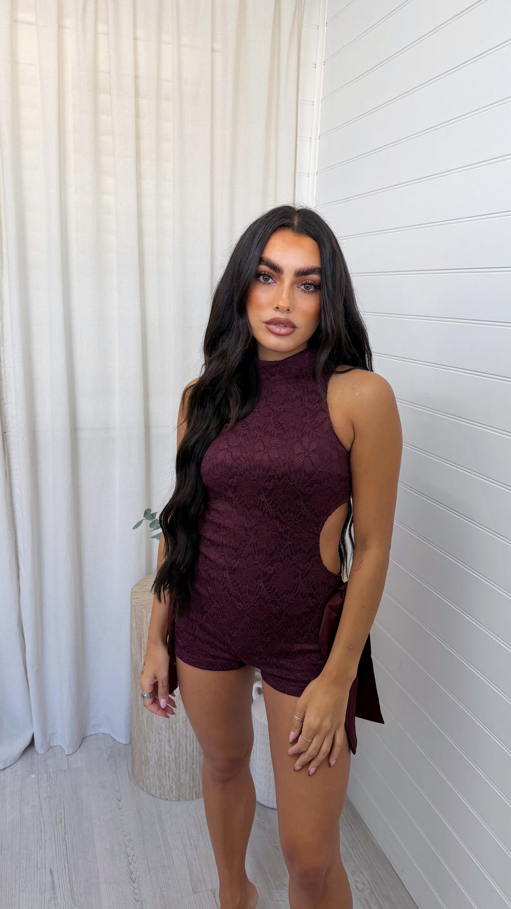 Cut Out Lace Playsuit - BURGUNDY