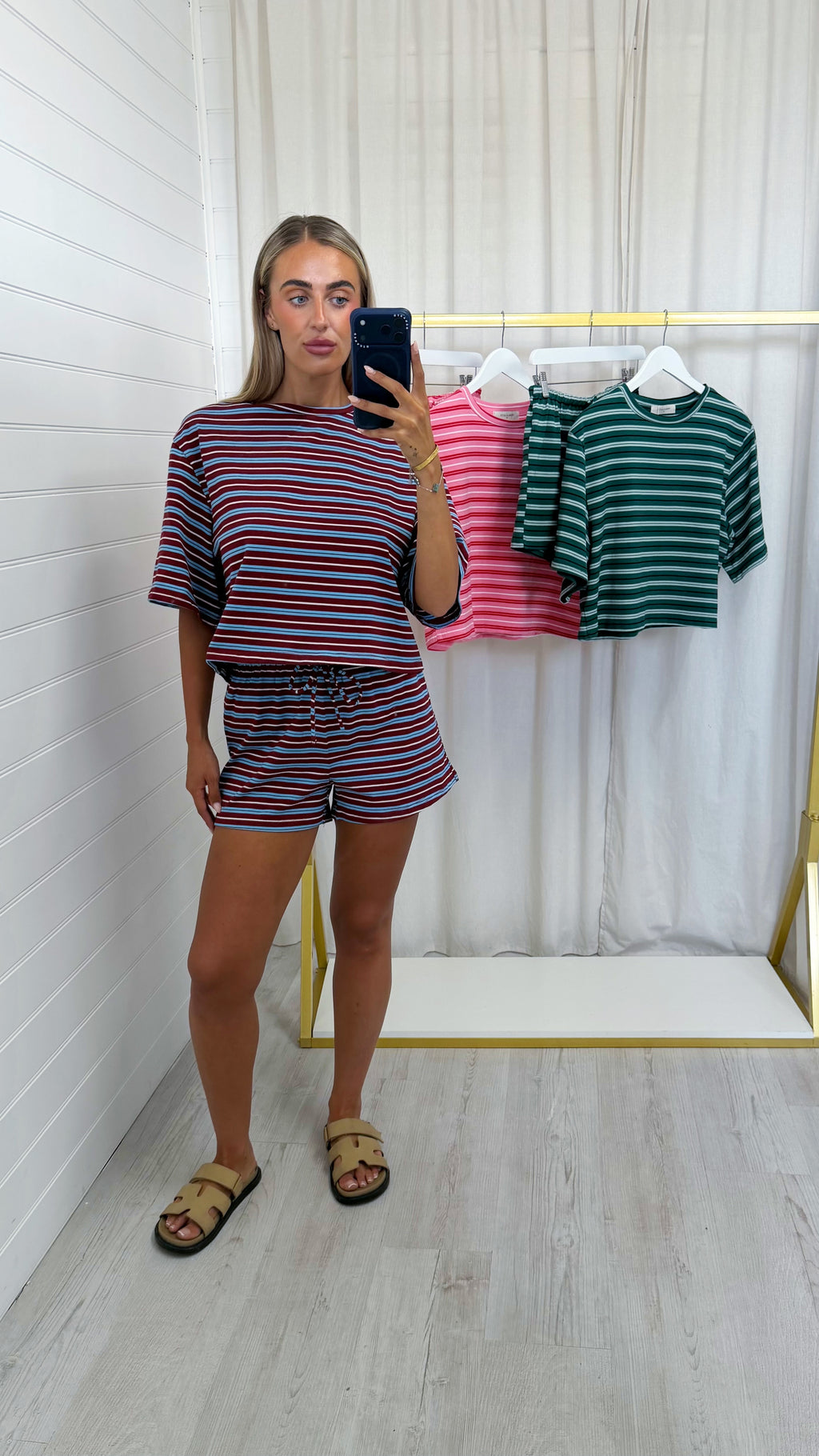 Stripey Cotton Crop Top and Shorts Co-Ord - BURGUNDY