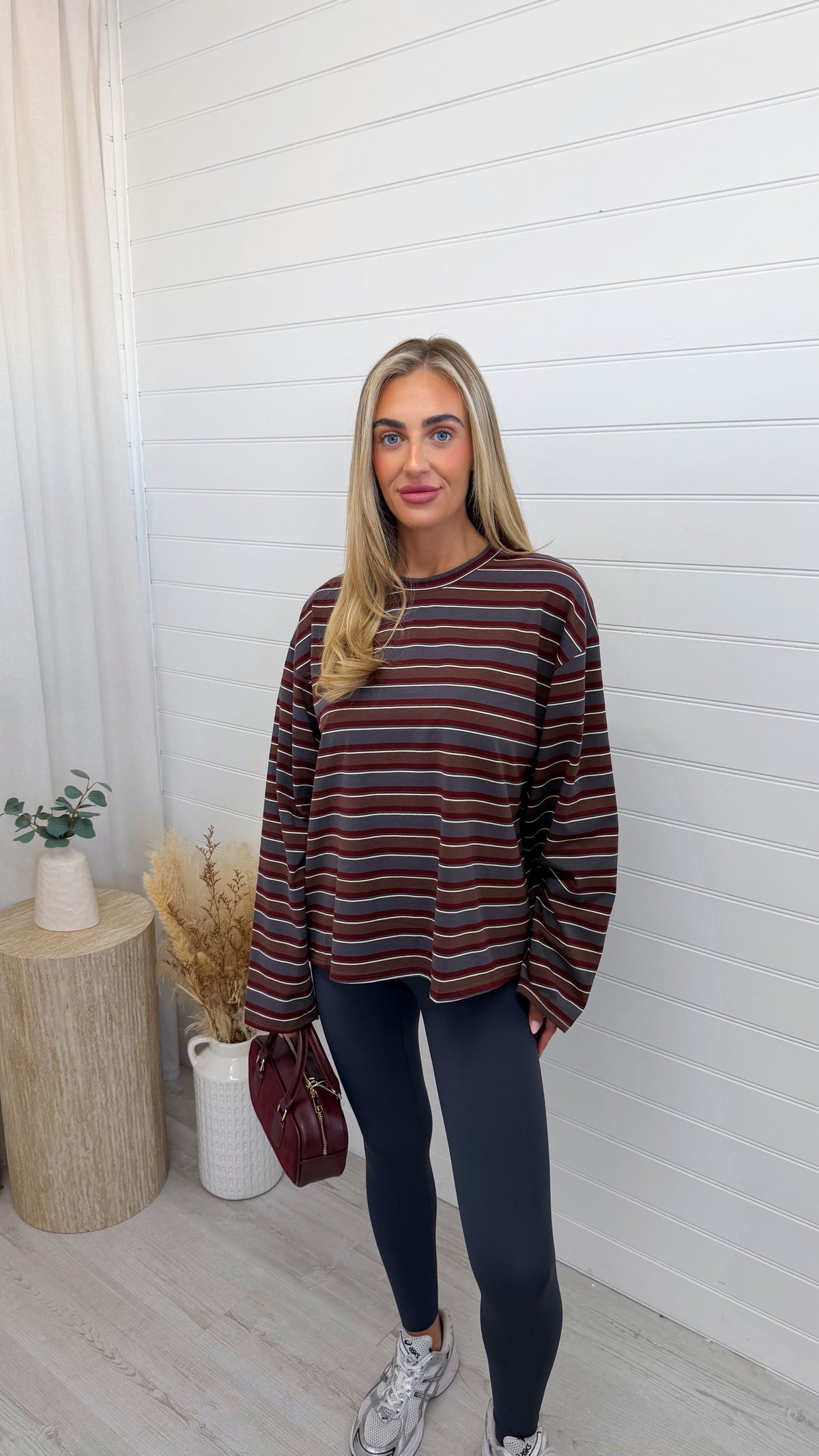 Relaxed Long Sleeve Stripe T-Shirt - BURGUNDY/SLATE