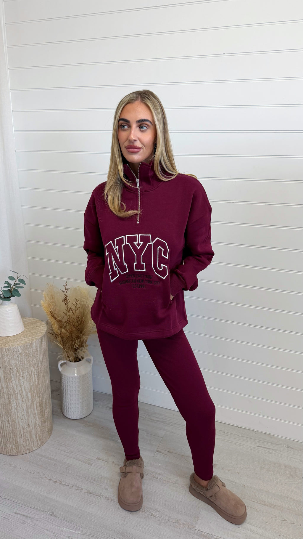 NYC Sweatshirt and Ribbed Leggings Co-Ord - BURGUNDY