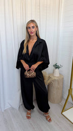Satin Shirt and Cuffed Trousers Co-Ord - BLACK